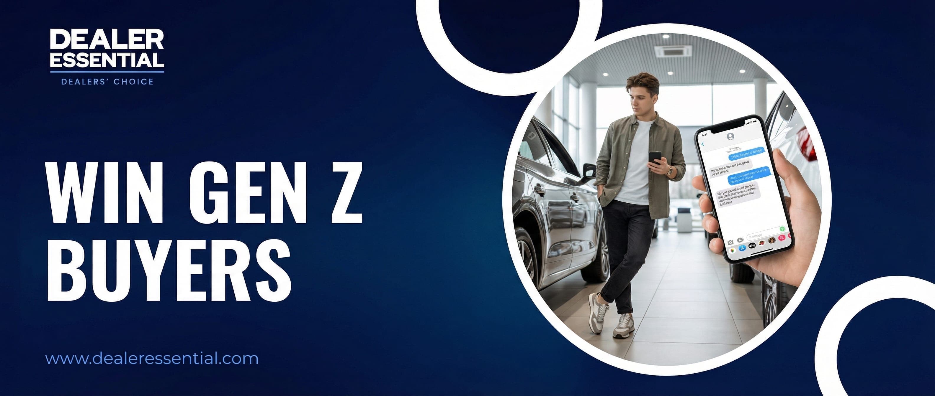 Young customer using smartphone to research car while at dealership