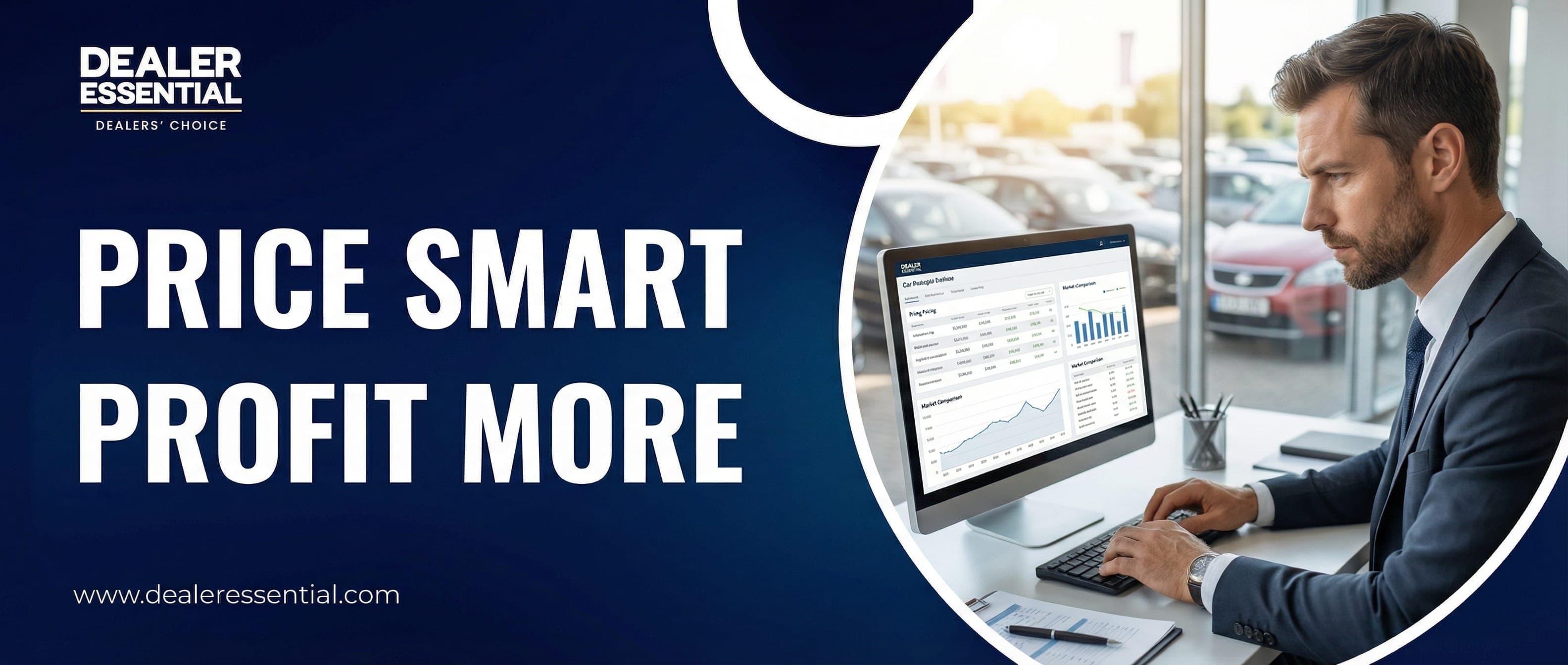 Car dealer reviewing pricing data on tablet in front of used car inventory