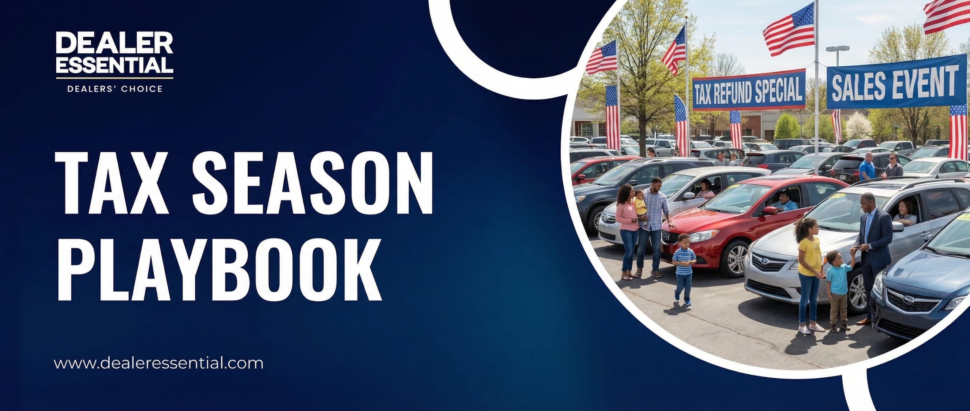 Busy car dealership lot during tax refund season with customers shopping