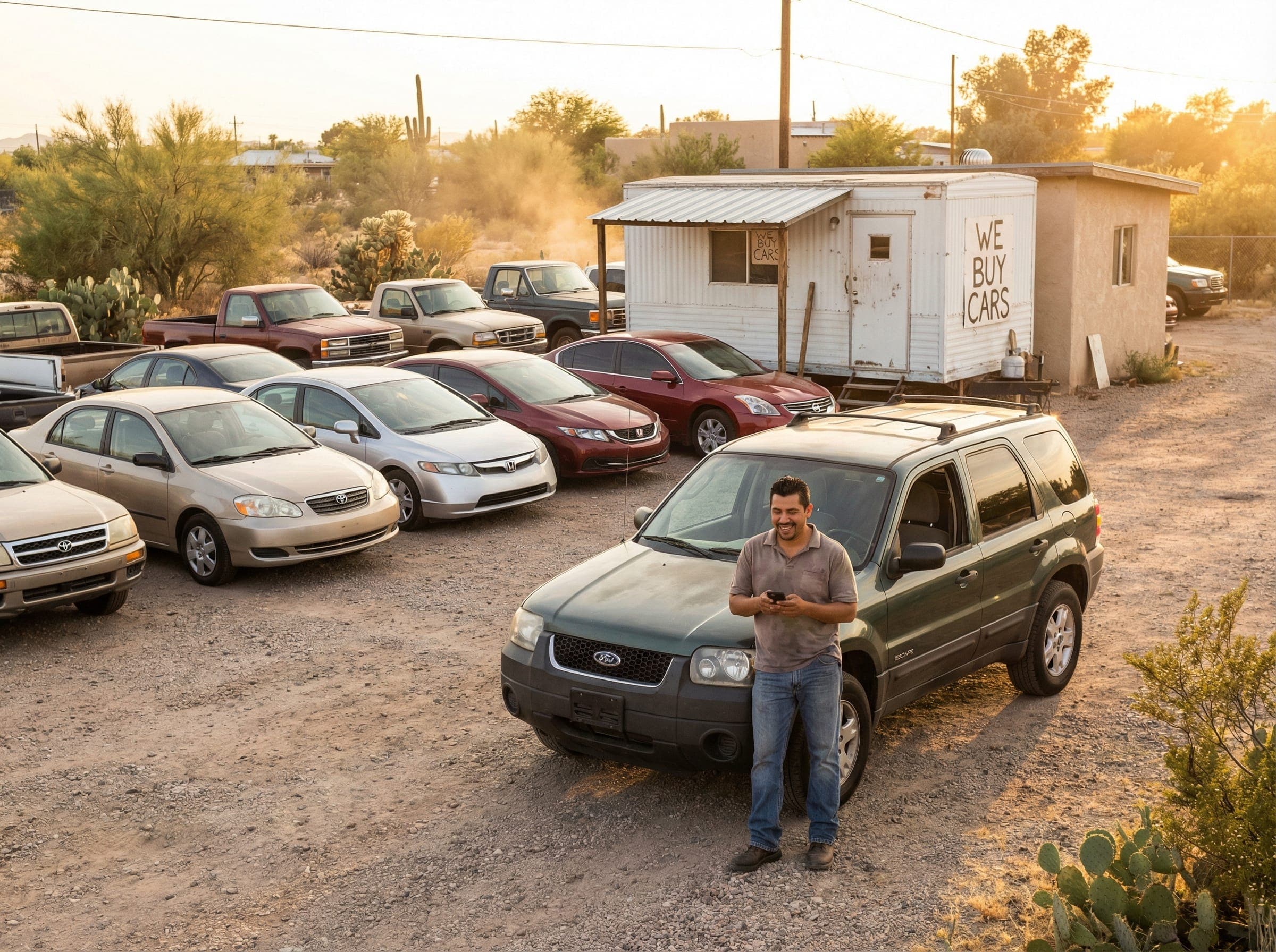 Small one-person car dealership with owner